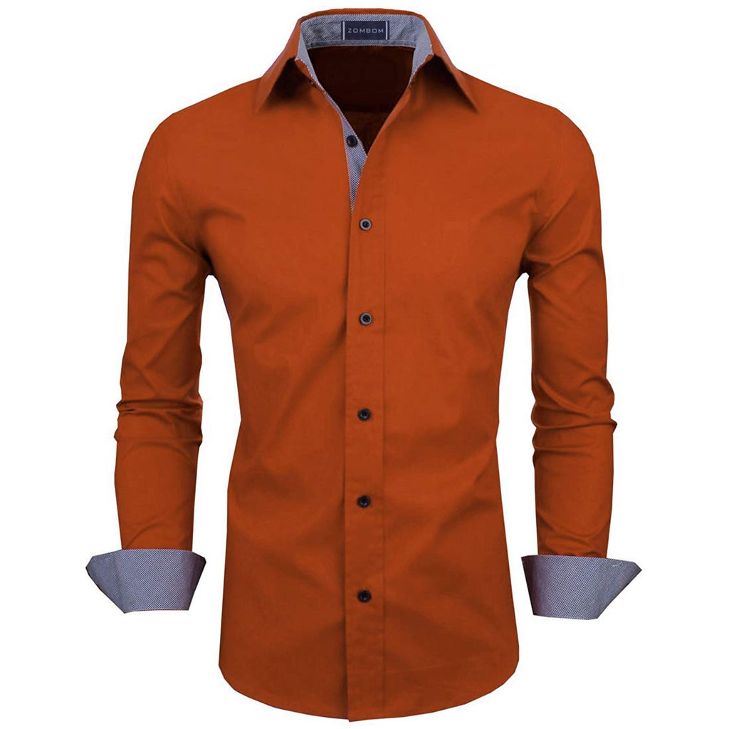 Zombom MenS Solid Cotton Blend Regular Fit Full Sleeve Collared Neck Casual Shirt For Men Dark Orange