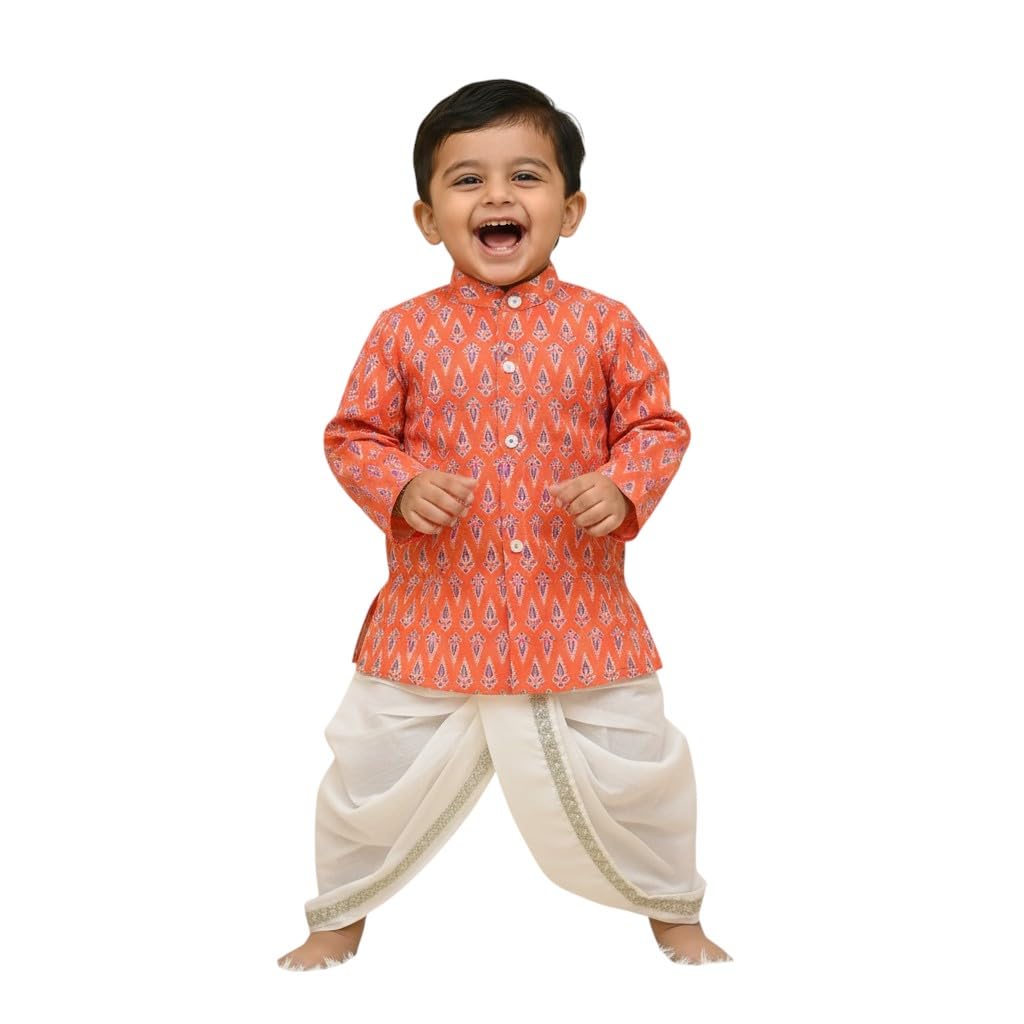 Cotton Cuddle Infant Front Open Kurta With Bijiya Dhoti Set For Baby Boys, (Orange, 612 Months) 0-6