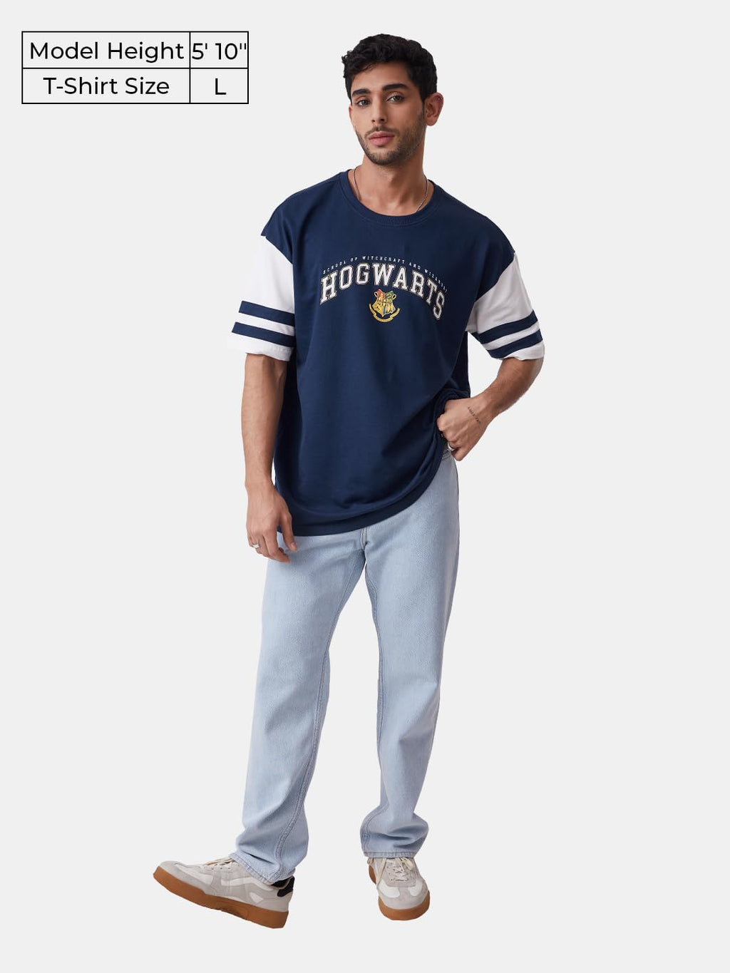 The Souled StoreOfficial Harry Potter: Nice Navy Polyester Navy Blue and White Oversized T Shirts for Men Baggy Off-Shoulder Loo