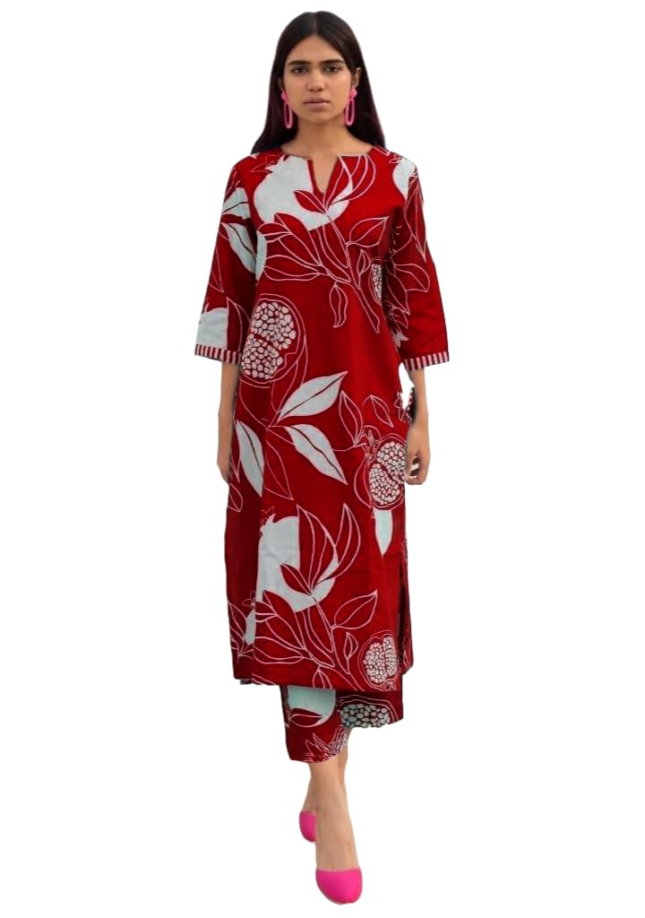 ANNI DESIGNER Womens Cotton Blend Straight Printed Kurta with Pant (ANAAR-Red_S_Red_Small)