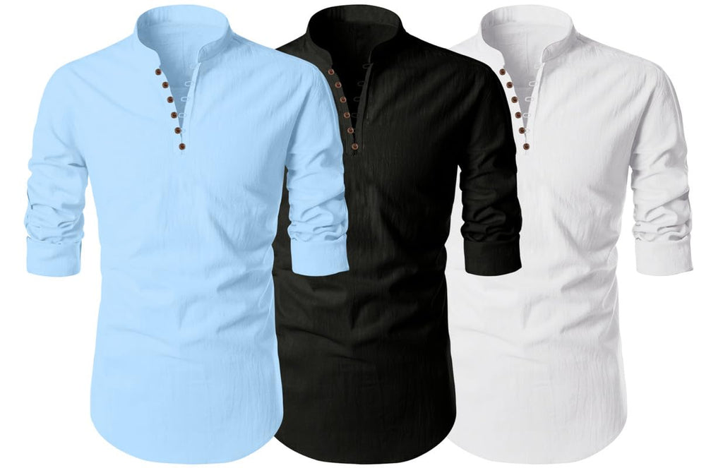 Finivo Fashion MenS Cotton Blend Regular Fit Solid Casual Kurta Shirt Pack Of 3