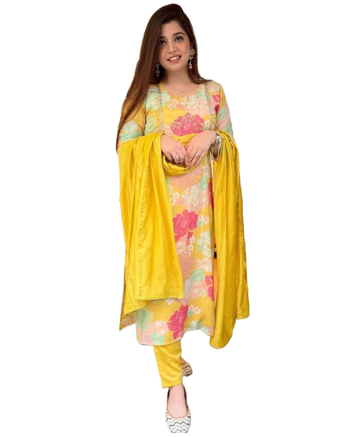 ANNI DESIGNER Womens Cotton Blend Embroidered Floral Printed Straight Kurta with Pant & Dupatta (LITUP-Yellow_S_Yellow_Small)