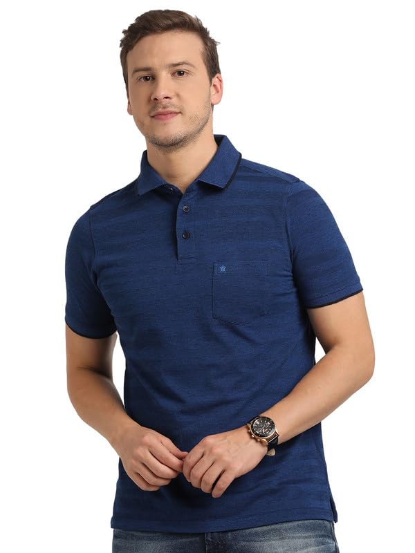 Turtle Men 100% Cotton Blue Half Sleeve Casual Self Design Polo Tshirt