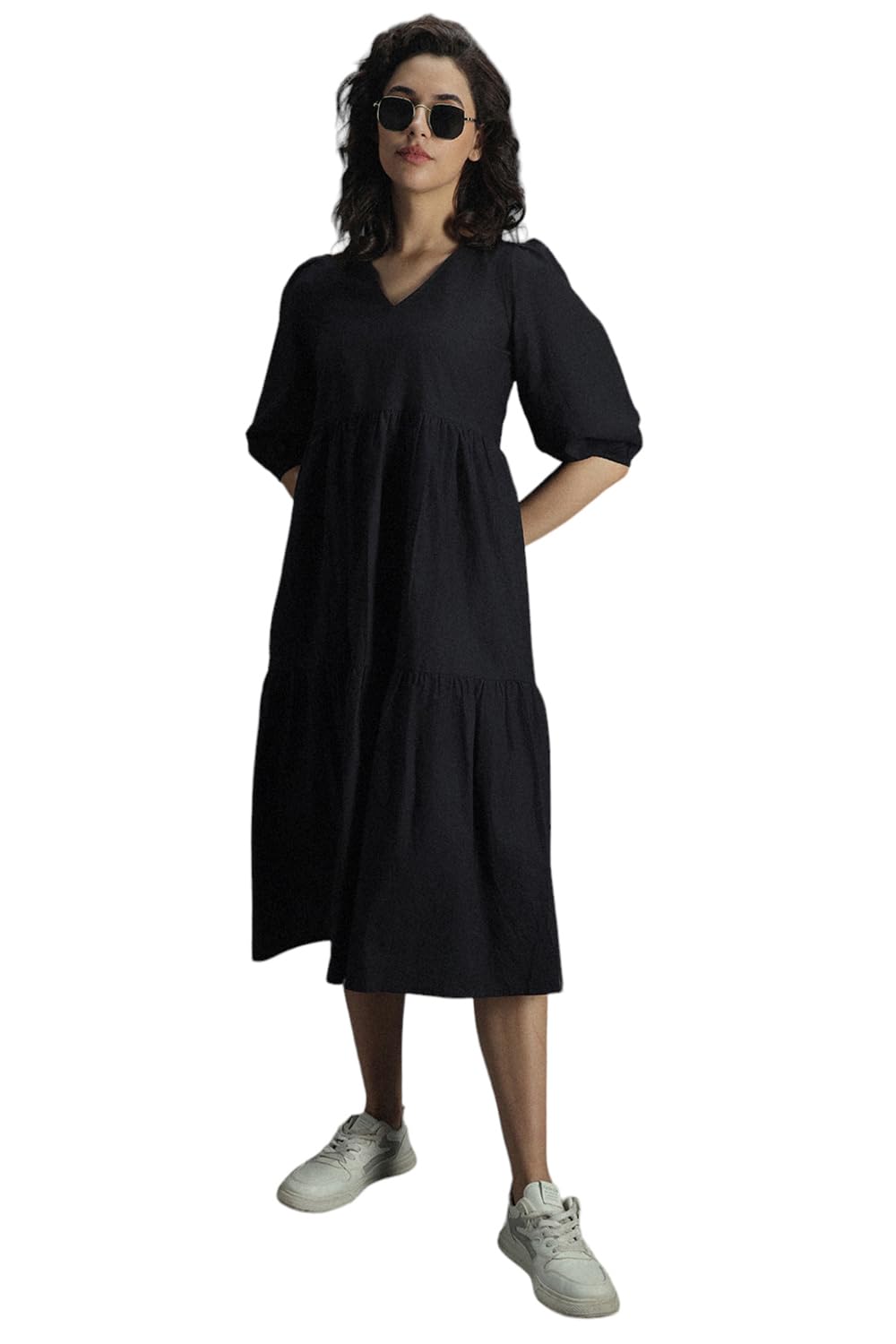 High Star Women'S Cotton Pleated Maxi Casual Dress (Hswdrs23005_Bk_Black