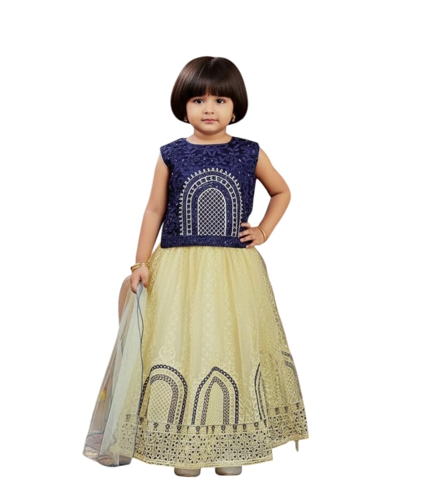 Aarika Girls Ethnic Wear Navy Blue-Beige Colour Thread Embroidery Net Lehenga Choli Set-(3-9 Years)-(Oct_Lch-Shm-1525-Navy-Blue-