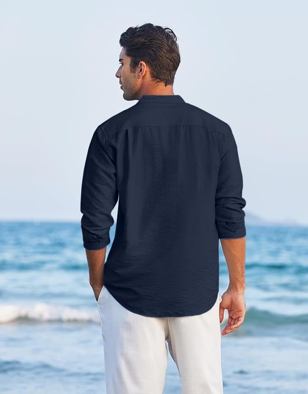 ROYALSCOUT Mens Regular Fit Stylish Embroidered Design Cotton Blend Full Sleeve Short Straight Kurta Shirt Navy
