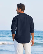 ROYALSCOUT Mens Regular Fit Stylish Embroidered Design Cotton Blend Full Sleeve Short Straight Kurta Shirt Navy