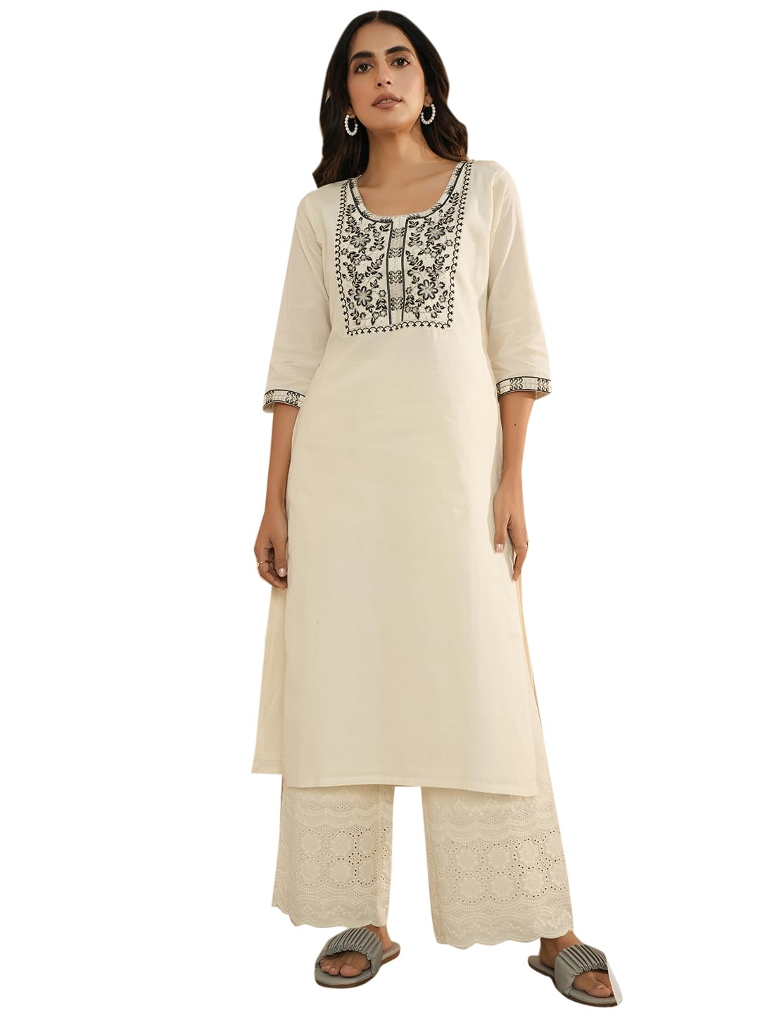 Libas Women Cotton Straight Fit Yoke Design Straight Kurta (26721_Off White, Medium)