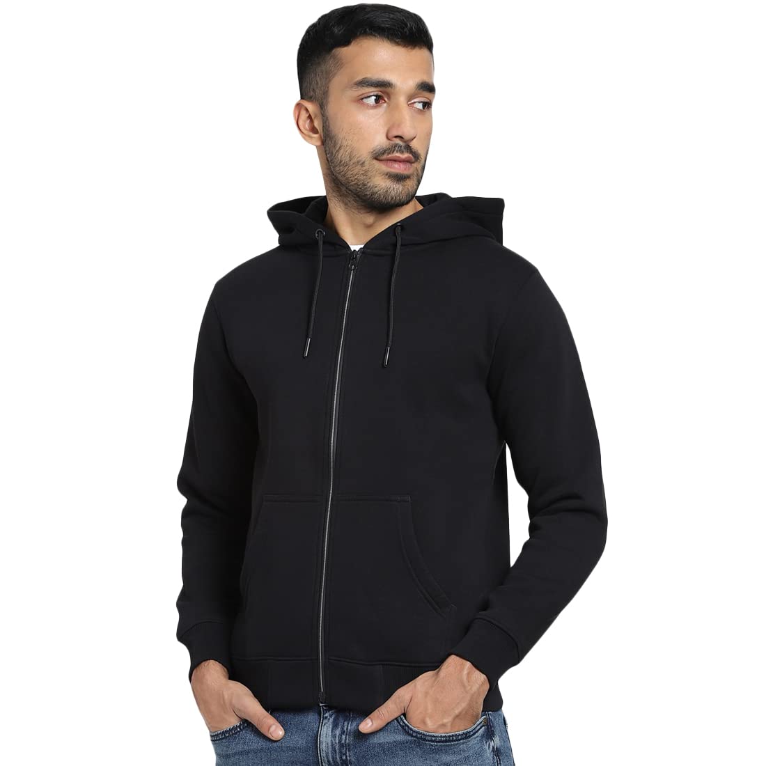 Bewakoof Mens Winterwear Solid Black Long Sleeve Hoodies - Large
