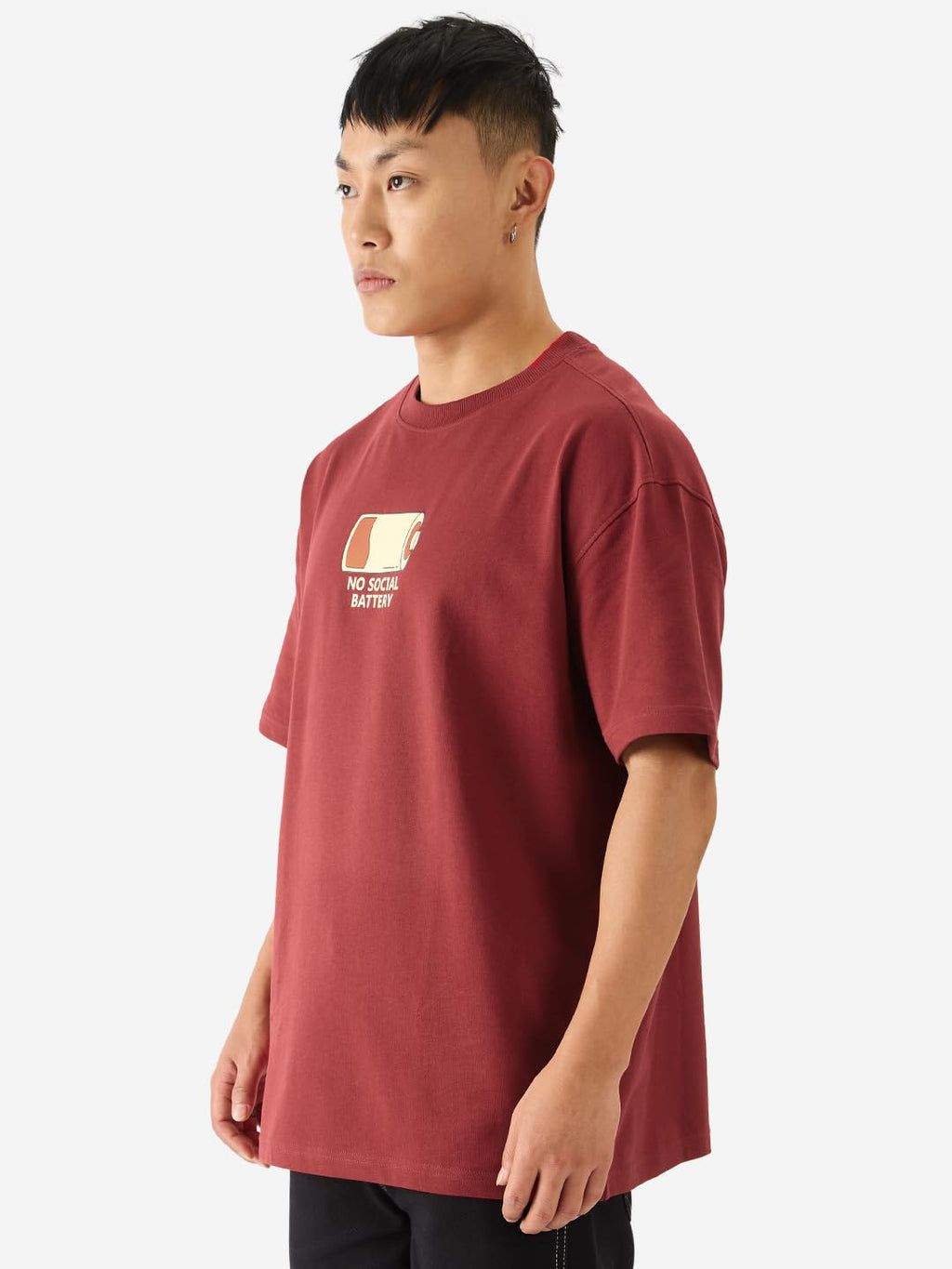 The Souled Store No Social Battery Drop Shoulder Short Sleeve Round Neck Maroon Graphic Printed Cotton Oversized Baggy T-Shirts