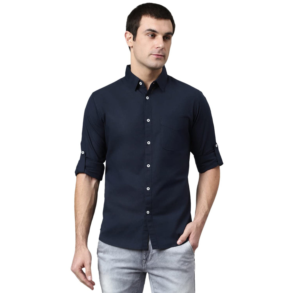 Dennis Lingo MenS Cotton Solid Slim Fit Casual Shirt With Pocket, Roll Up Full Sleeve Shirt For Formal & Casual Wear (C615_Navy