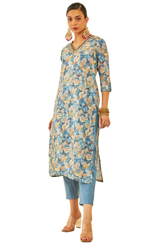 Soch Women Muslin Blend Floral Printed Kurta Set with Beads & Cutdana
