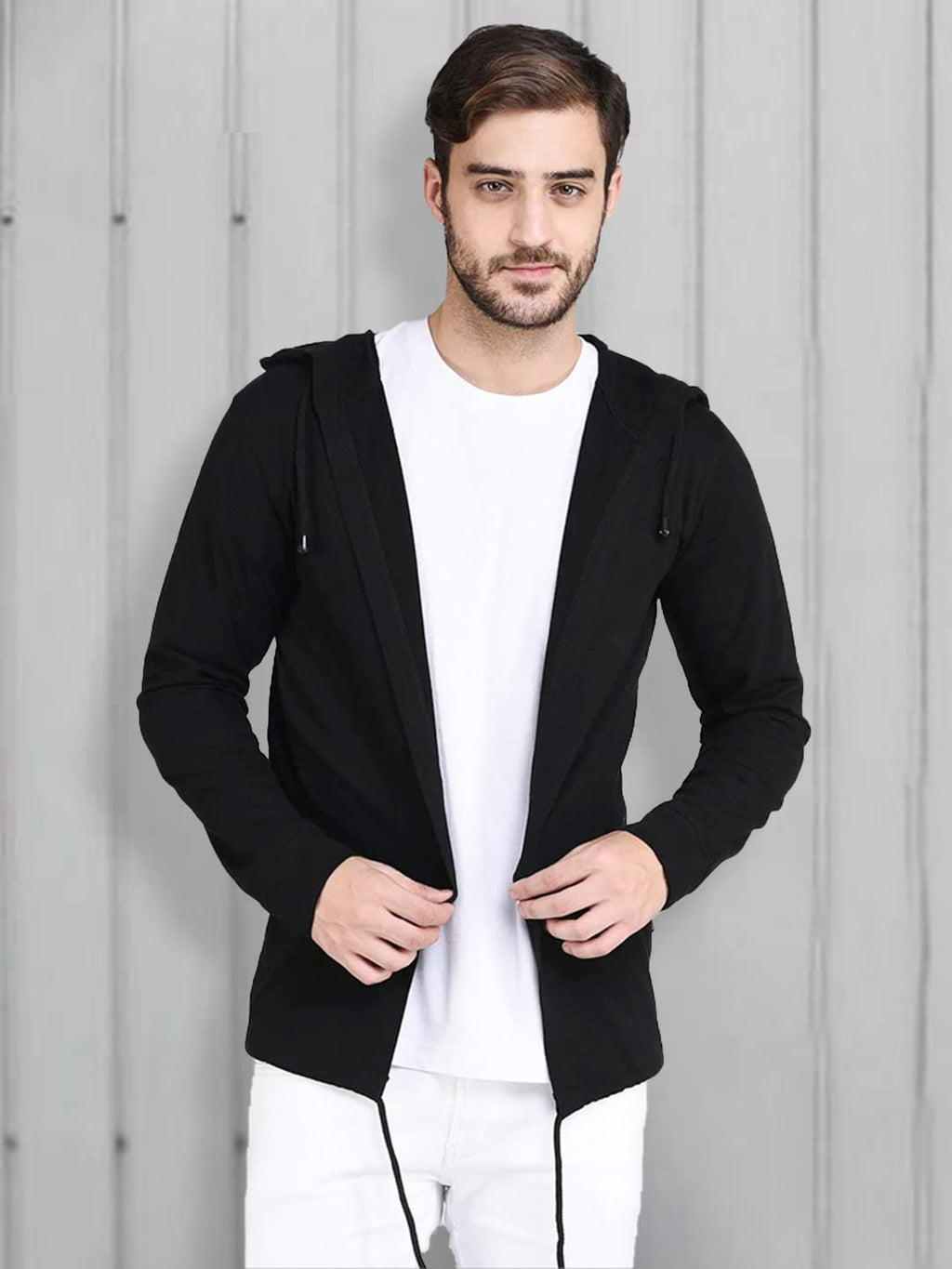 Rigo Men Black Hooded Long Sleeves Cotton Slim Fit Open Long Cardigan | Full Sleeves Shrug for Men