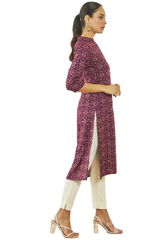 Soch Womens Maroon Rayon Ikat Print Straight Kurta With Front Button-Placket