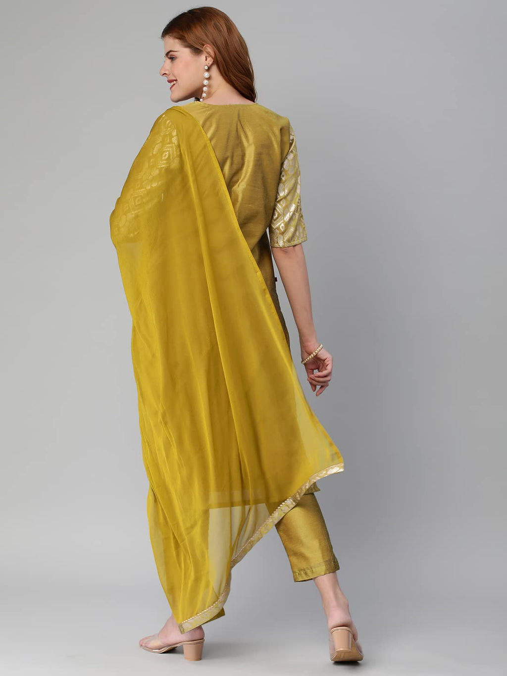 ANNI DESIGNER Womens Banarasi Woven Straight Embellished Printed Kurta with Pant & Dupatta (KABZAA-Methi-Nw_L_Mustard_Large)