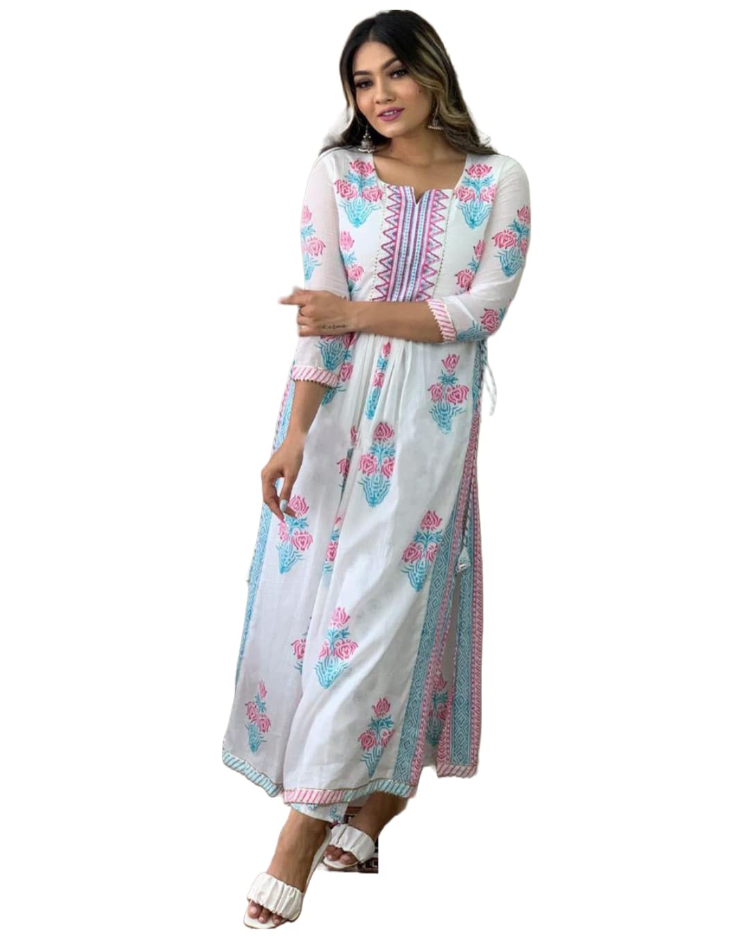 ANNI DESIGNER Womens Cotton Blend Printed Straight Kurta with Pant (Pupet White_XXL_White_XX-Large)