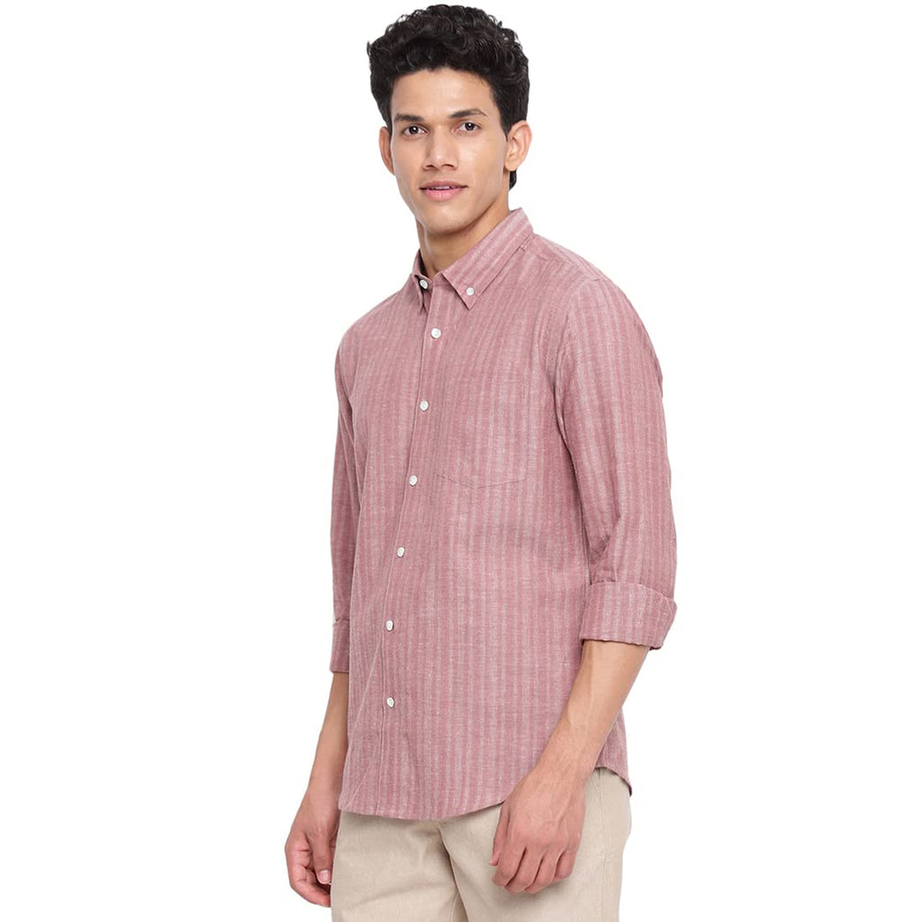 Fabindia Men Cotton Striped Slim Fit Shirt Pink