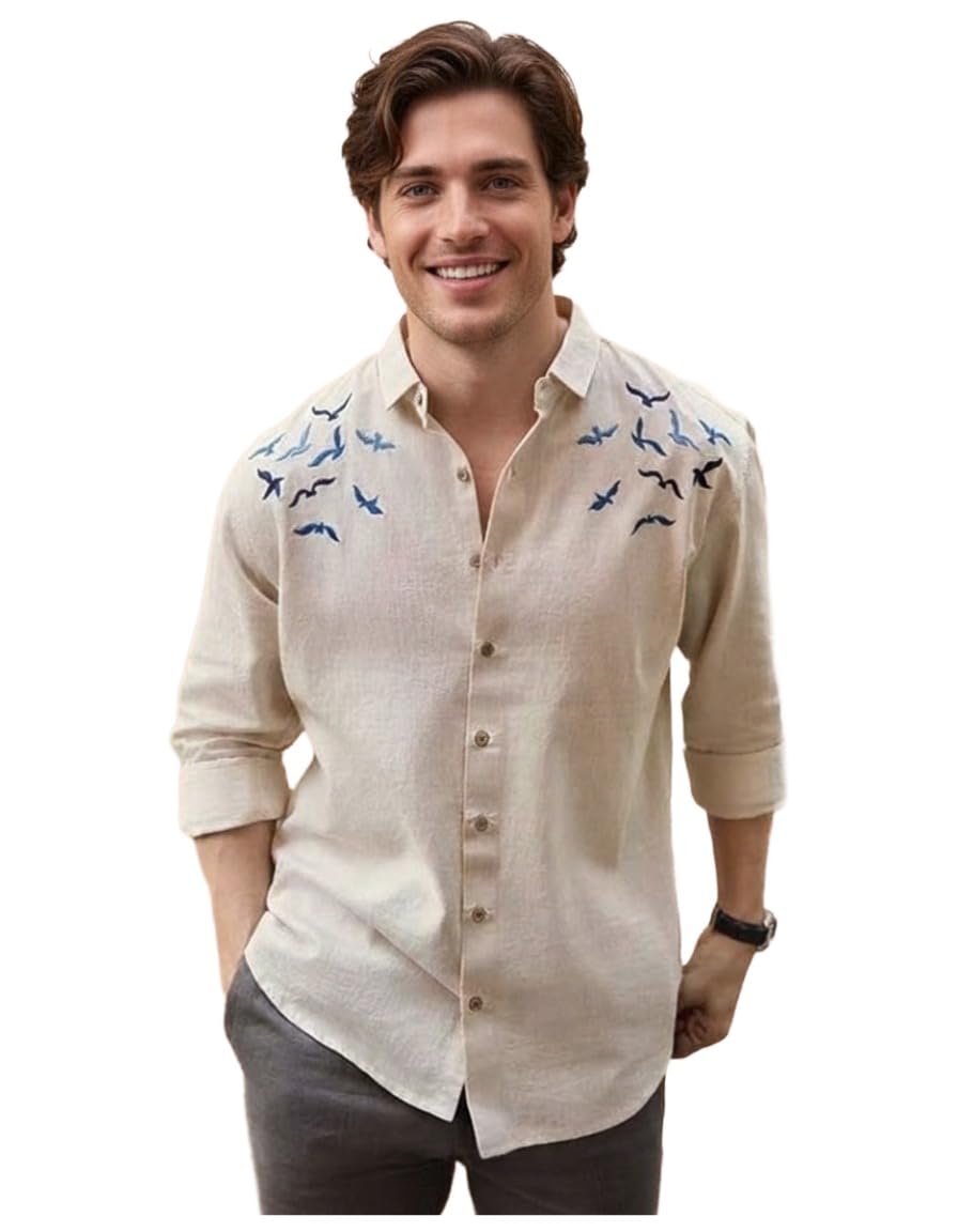 Anni Designer MenS Cotton Blend Embroidered Shirt For Men (Ezhil Cream_S_Cream_Small)
