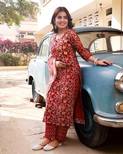 ANNI DESIGNER Womens Cotton Blend Straight Printed Kurta with Pant & Dupatta (JA Gadi Red-NW_S_Blue_Small)