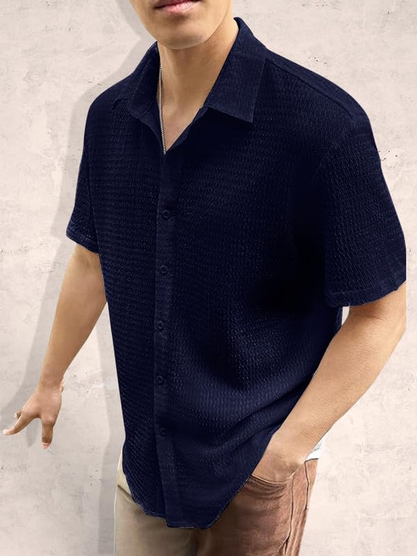 Tee Projekt Mens Popcorn Shirt Texture Pattern Mens Casual Shirt Half Sleeves Goa Beach Summer Shirt Navy Blue