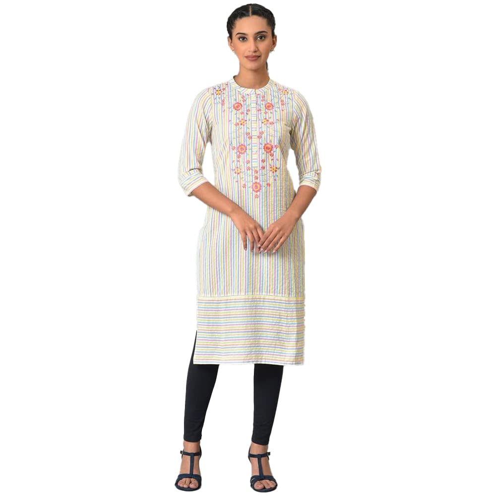 Aurelia Multi Striped Thread Embroidered Cotton Straight Long Kurta