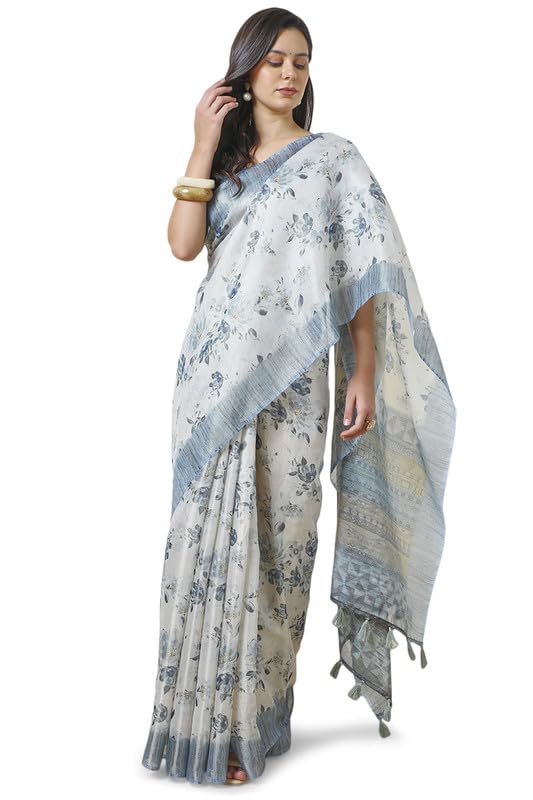 Soch Women Linen Floral Print Saree with Tassels