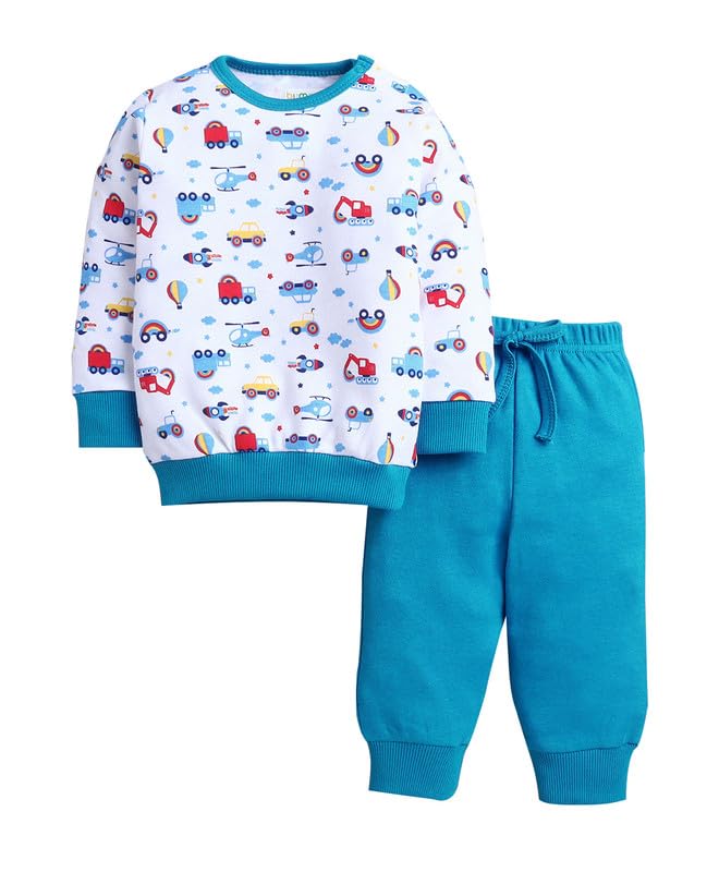 Bumzee Baby Boys Cotton Round Neck Full Sleeves Graphic Print T-Shirt & Jogger Set White & Royal Blue - 6-12 Months (Peb11083C-W