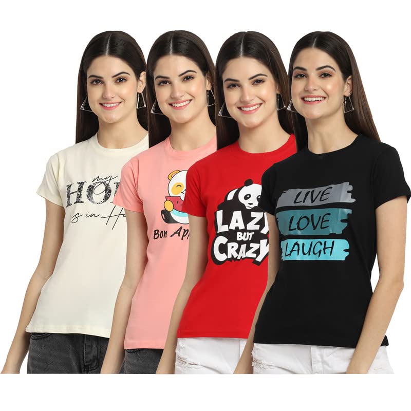 Preneum Womens Cotton Regular Fit Latest Graphic Stylish Printed Short Sleeves Casual T-Shirt || Latest Style (Pack 4), Beige &