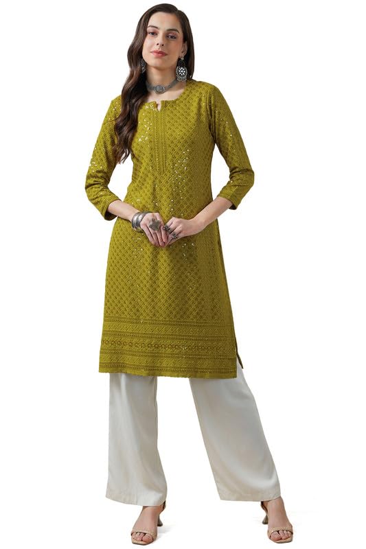 Soch Womens Olive Rayon Embroidered Straight Kurta With Sequins