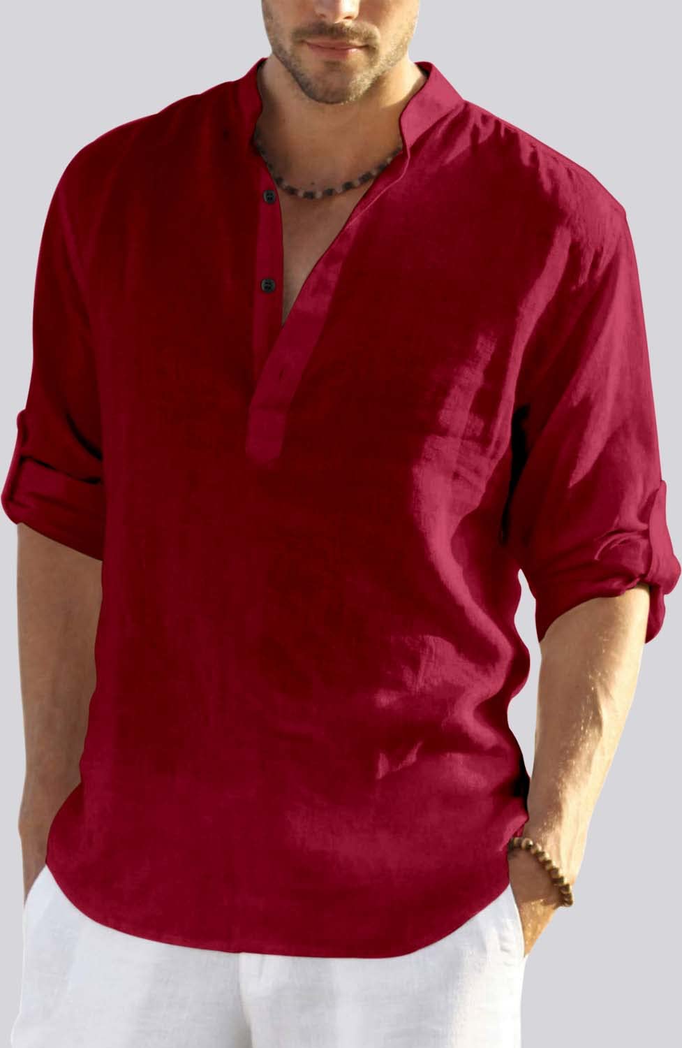Hemrin MenS Cotton Blend Full Sleeve Short Kurta Shirt With Mandarin Collar Maroon
