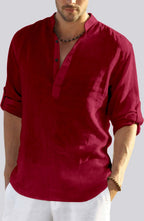 Hemrin MenS Cotton Blend Full Sleeve Short Kurta Shirt With Mandarin Collar Maroon