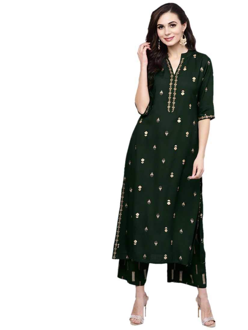Gosriki Women'S Rayon Printed Straight Kurta With Palazzo Set (Presha Green_Xl)
