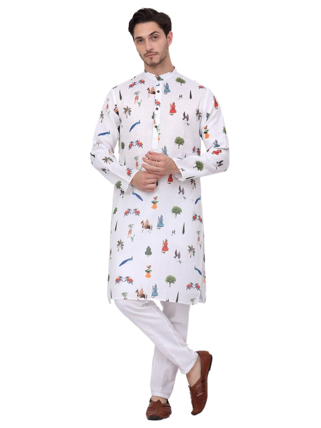 Jompers Mens Animal Printed Pure Cotton Straight Kurta Pyjama Set
