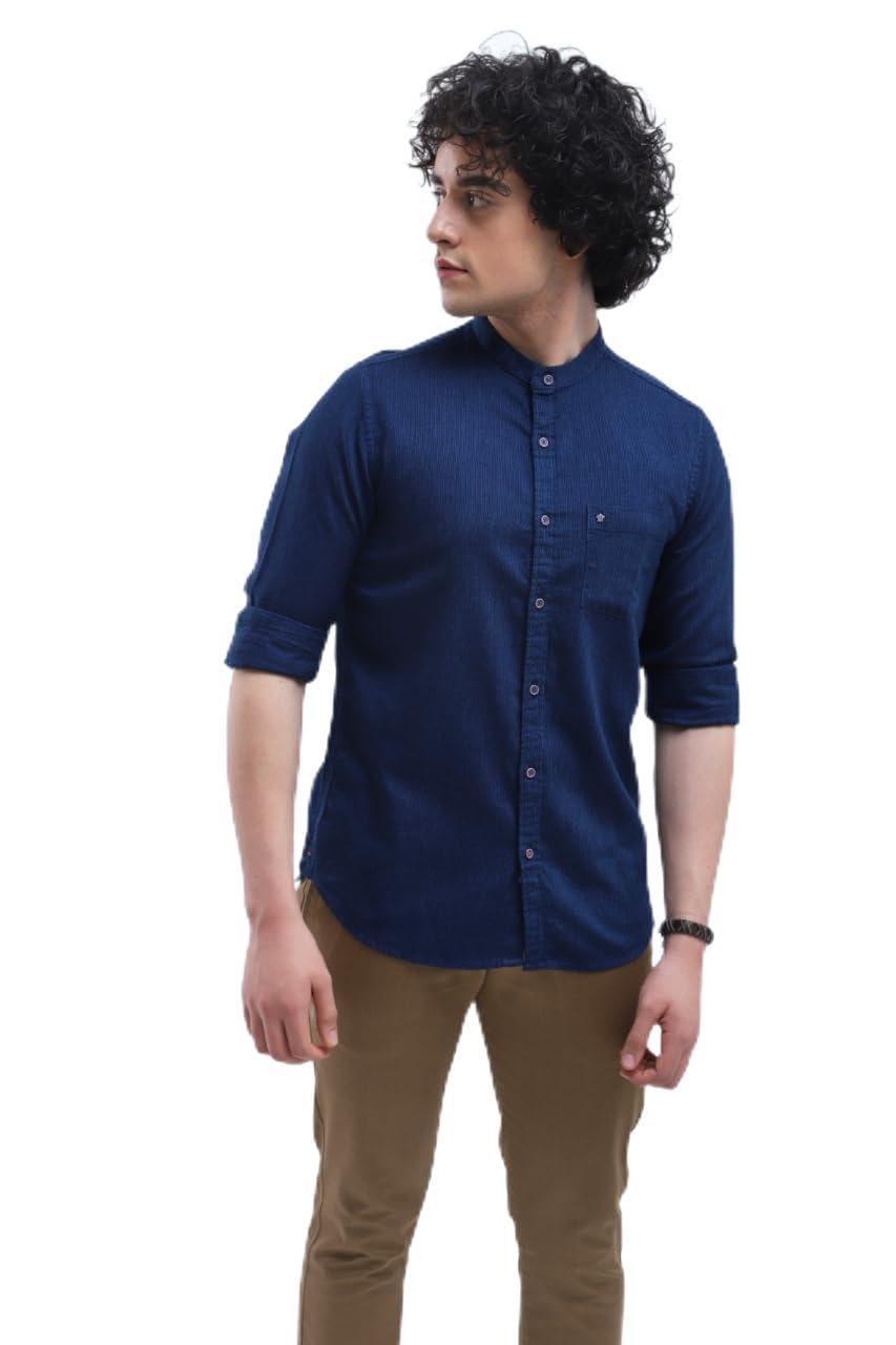 Turtle Men 100% Cotton Indigo Slim Fit Indigo Blue Self Design Casual Shirt