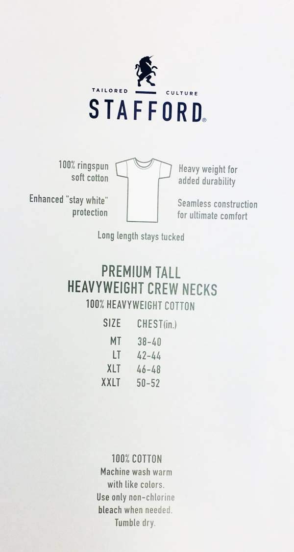 Stafford Mens Tall/Extra Tall 100% Heavy Weight Cotton Crew Neck Undershirt, White, Short Sleeve, 4 Pack (Large Tall (LT))