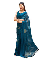 Satrani Womens Chiffon Bandhani Printed & Woven Border Saree with Unstitched Blouse Piece (3479S211N_Teal Blue & Beige)