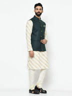 Kisah Men Green Gold Printed Kurta With Churidar Nehru Jacket, Full Sleaves, Knee Length, Straight, Regular Fit, Mandarin Collar