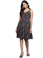 Varanga Women Black Floral Printed V-Neck Tiered Dress With Flared Hem