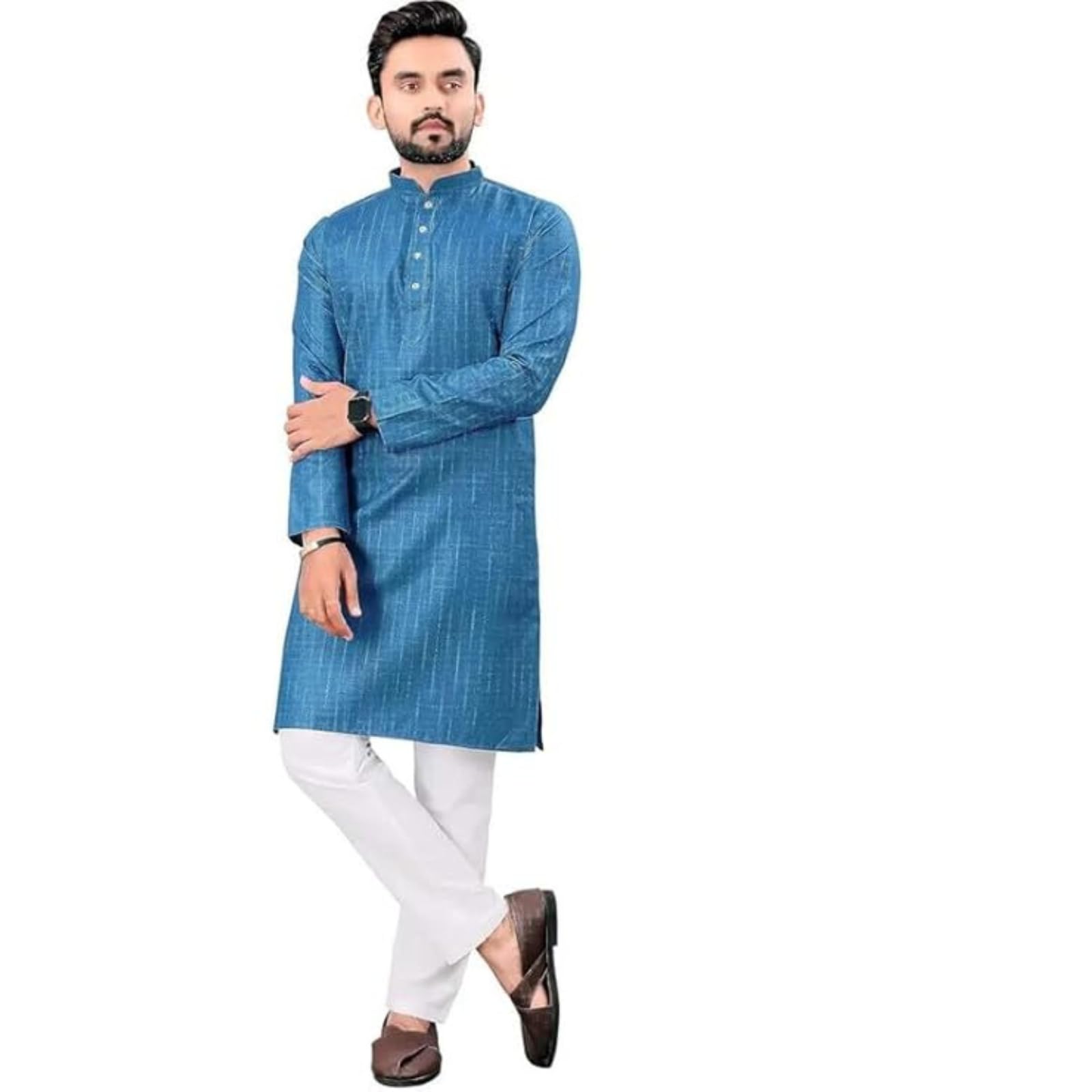 Fashion Gallery MenS Stylish Lurex Stripe Straight Knee Length Kurta -| Mens Kurta| Ethnic Wear | Lurex Fabric Kurta For Men (M
