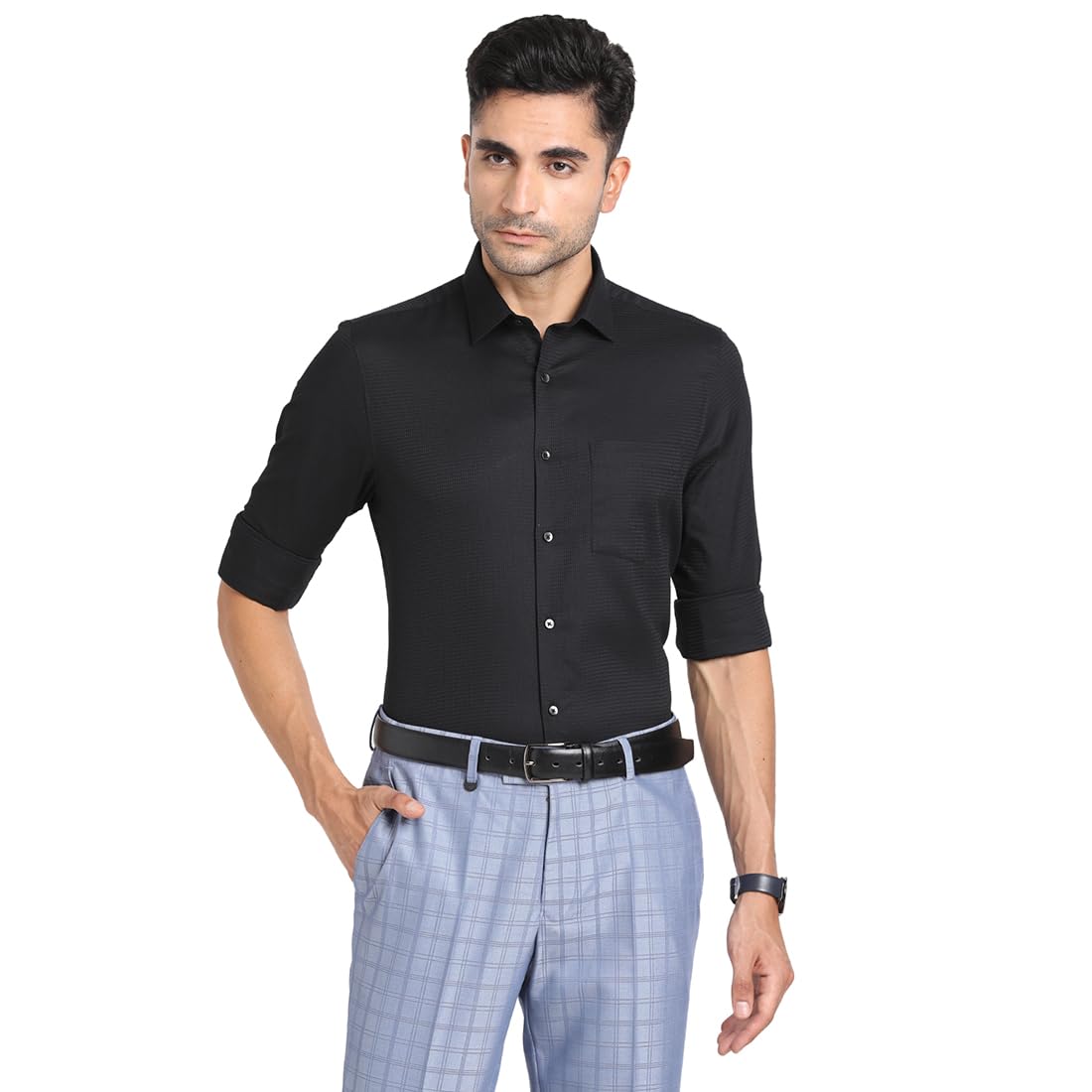 Turtle Men 100% Cotton Slim Fit Black Self Design Formal Shirt