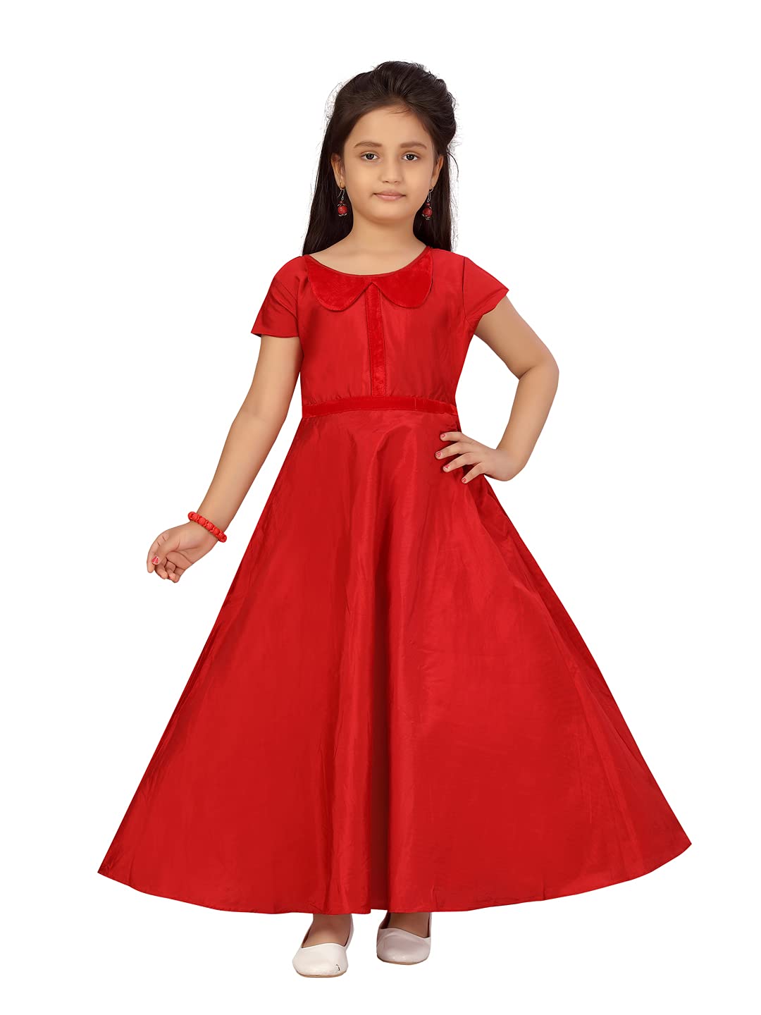 Aarika Girls Cotton Blend Fit and Flare Maxi Dress (NV-G-21933_Red