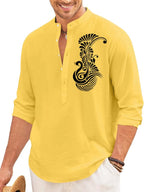 Finivo Fashion MenS Printed Cotton Blend Short Kurta With Artistic Chest Design | Stylish Full Sleeve Casual Kurta With Mandarin
