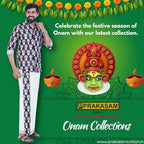 Prakasam Cotton Mens Colour Onam Special Printed Full Sleeve Slim Fit Multi Colour Shirt Matching With Border Single Dhoties For