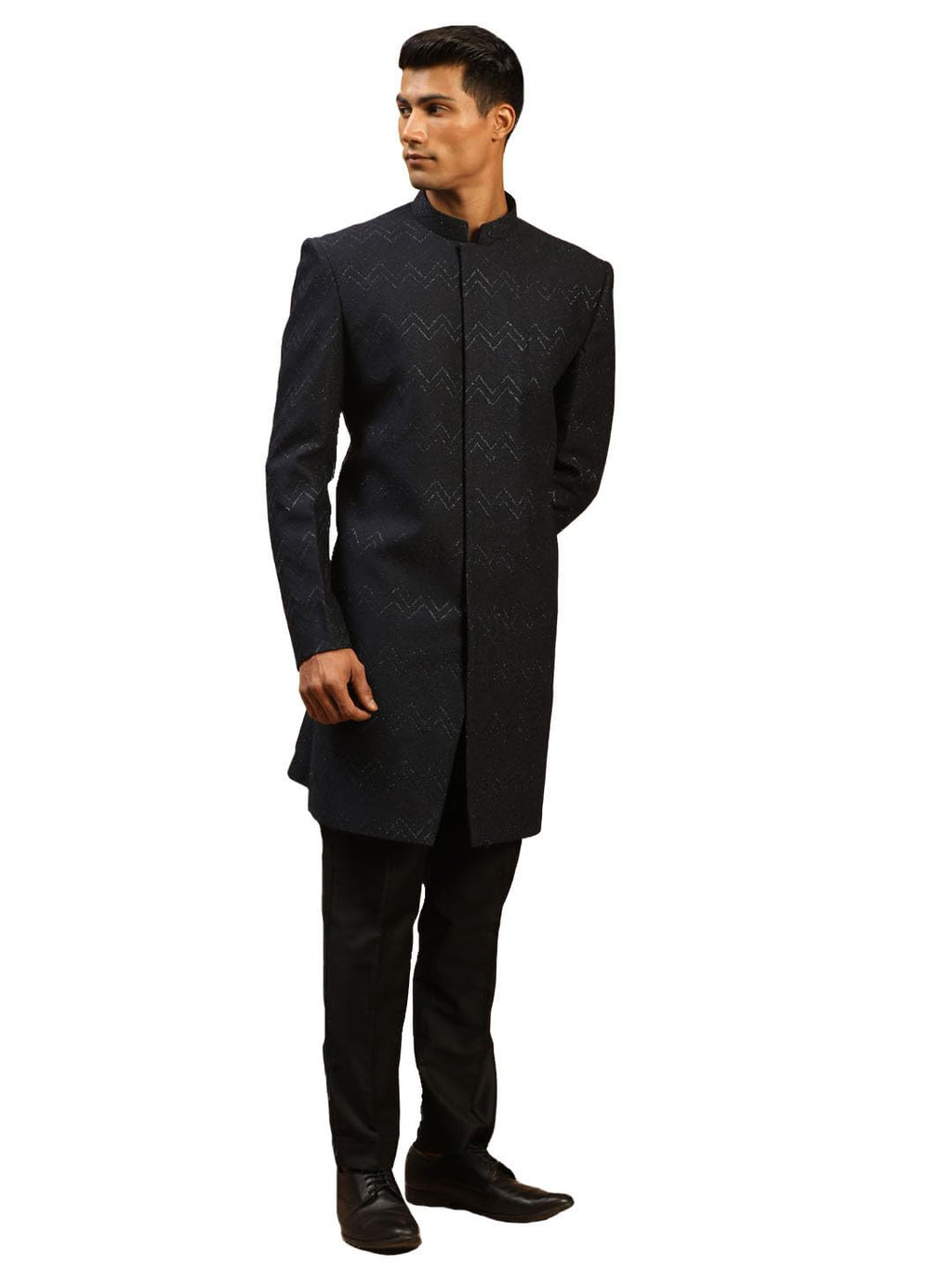 VASTRAMAY Mens Navy Blue And Black Silk Blend Sherwani Set | Imported Fabric Designer Indowestern And Pant style Pyjama Set
