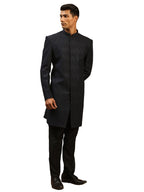 VASTRAMAY Mens Navy Blue And Black Silk Blend Sherwani Set | Imported Fabric Designer Indowestern And Pant style Pyjama Set