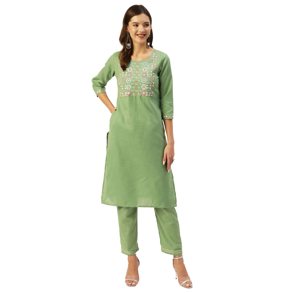 Anubhutee Women'S Cotton Blend Olive Green Mirror Work Ethnic Motifs Embroidered Straight Kurta Suit Set With Pants