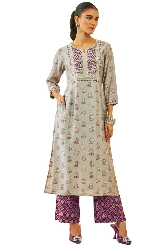 Soch Women Muslin Floral Print Straight Kurta Sets with Pocket