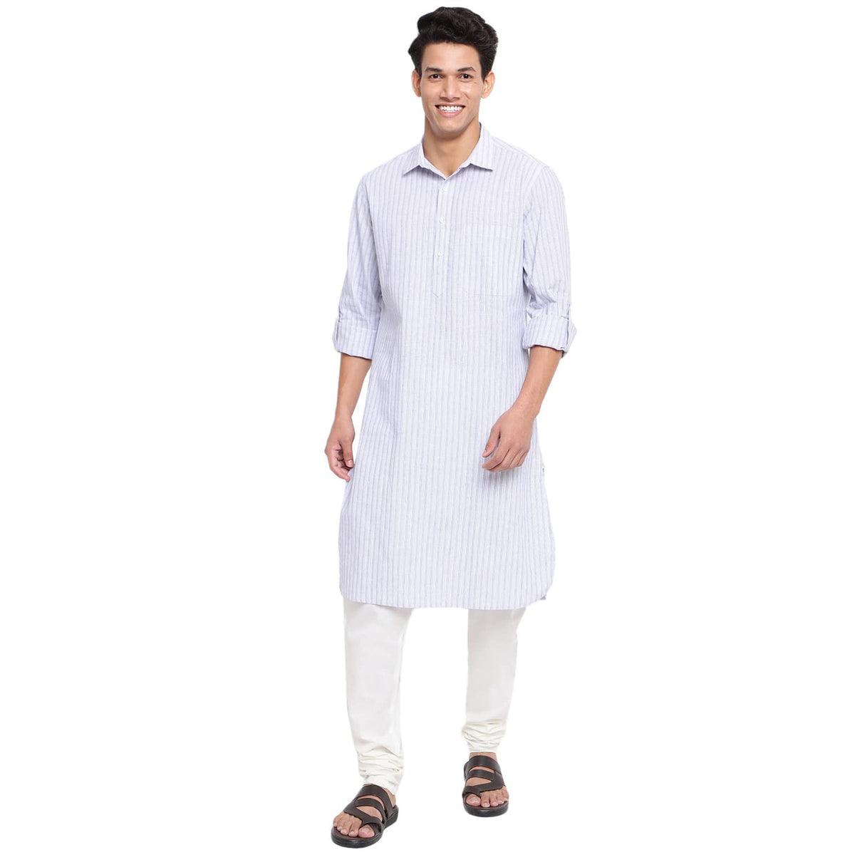 Fabindia Men Linen Regular Collar Pathani Kurta Cotton_M Off White