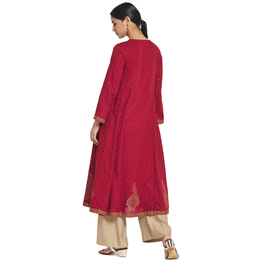 Fabindia Women Cotton Hand Block Print Long Kurta Maroon_M