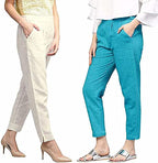 Digital Shopee Women Cotton Ankle Length Double Side Pocket Elastic Waist Regular Fit Trouser- Pack Of 2, White And Blue (Small)